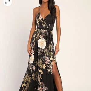 Lulus dresses Still the One Black Floral Print Satin Maxi Dress